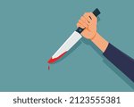 Murderer Holding a Bloody Knife in Horror Scene Vector Illustration. Killer holding assault weapon acting violent 
