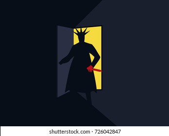 The murderer with the knife behind the door, the light from the open door. Nightmare. Halloween. Armed man retro poster. Vector illustration