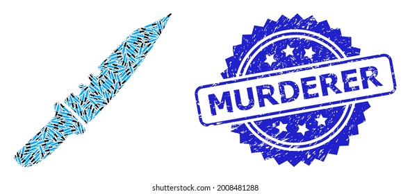 Murderer textured stamp seal and vector fractal collage knife. Blue stamp seal contains Murderer caption inside rosette. Vector collage is created with randomized rotated knife icons.