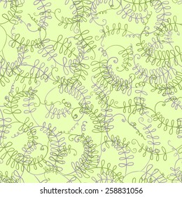 Murine peas. Vector floral pattern. Seamless curly texture. Floral ornament. Green plants background.