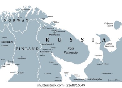 Murmansk Oblast, Kola Peninsula, gray political map. Federal subject of Russia, part of Lapland region, bordering Norway and Finland. With Murmansk, most important port city of Russia on Arctic Ocean.