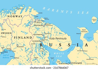 Murmansk Oblast and Kola Peninsula, political map. Federal subject of Russia, part of Lapland region, bordering Norway and Finland. With Murmansk, most important port city of Russia on Arctic Ocean.