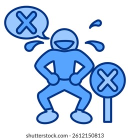 Murphys Humor icon represented by chat bubble containing cross, people laughing, cross on the road Blue style.