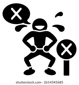 Murphys Humor icon represented by chat bubble containing cross, people laughing, cross on the road Black Filled style.