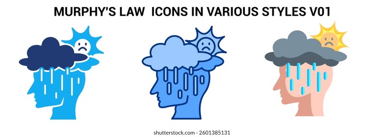 Murphys Law icon represented by head, rain, cloudy, sun Blue, Flat, Dualtone style.