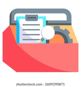 Murphys Toolbox icon represented by toolbox containing paper, magnifying glass and gear Flat style.