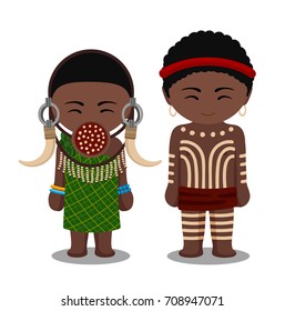 Mursi people in traditional costume. Man and woman, boy and girl. Cute cartoon characters. Travel to Ethiopia. Vector flat illustration.