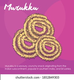 Murukku is a savoury, crunchy snack originating from the Indian subcontinent, popular in southern India, and Sri Lanka. Vector Illustration