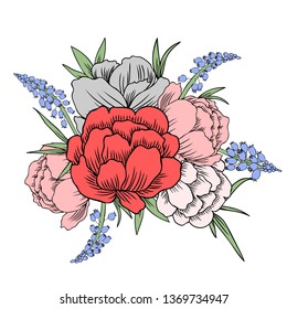 Muscari flower hand drawn vector isolated on white backdrop, floral hyacinth branch, Trollius asiaticus flowers, Globeflower or Kupavna frame, bouquet Ranunculus or Kupavka for package wedding invite