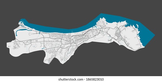 Muscat map. Detailed map of Muscat city administrative area. Cityscape panorama. Royalty free vector illustration. Outline map with highways, streets, rivers. Tourist decorative street map.