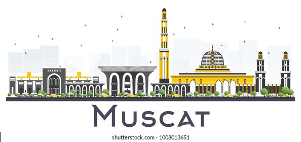 Muscat Oman City Skyline With Gray Buildings Isolated On White Background. Vector Illustration. Business Travel And Tourism Concept With Modern Buildings. Muscat Cityscape With Landmarks.