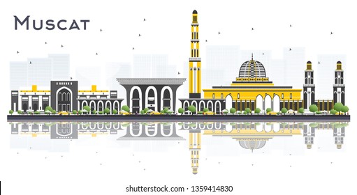 Muscat Oman City Skyline with Gray Buildings and Reflections Isolated on White Background. Vector Illustration. Tourism Concept with Modern Buildings. Muscat Cityscape with Landmarks.