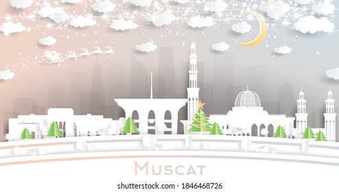 Muscat Oman City Skyline in Paper Cut Style with Snowflakes, Moon and Neon Garland. Vector Illustration. Christmas and New Year Concept. Santa Claus on Sleigh.