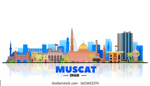 Muscat (Oman) City Skyline Vector At White Background. Flat Vector Illustration. Business Travel And Tourism Concept With Modern Buildings. Image For Banner Or Web Site.