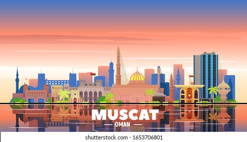 Muscat (Oman) city skyline vector at sky background. Flat vector illustration. Business travel and tourism concept with modern buildings. Image for banner or web site.