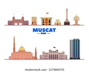 Muscat (Oman) City Skyline Vector At White Background. Flat Vector Illustration. Business Travel And Tourism Concept With Modern Buildings. Image For Banner Or Website.