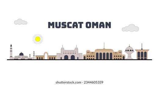 Muscat Oman cityscape skyline sketch illustration vector. Famous popular city in the world in colorful style.