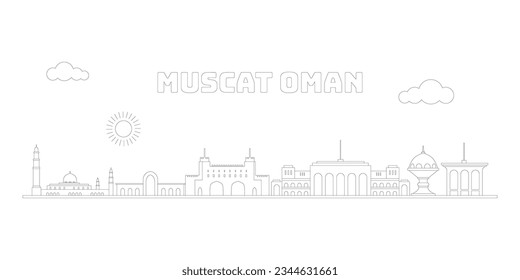 Muscat Oman cityscape skyline sketch illustration vector. Famous popular city in the world in black white style.