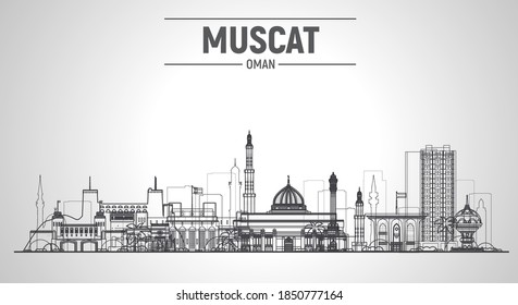 Muscat (Oman) Line City Skyline. Stroke Vector Illustration. Business Travel And Tourism Concept With Modern Buildings. Image For Banner Or Web Site.