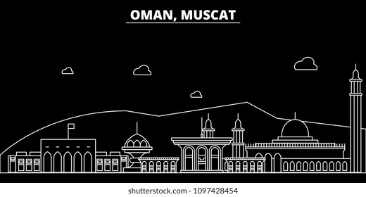 Muscat silhouette skyline. Oman - Muscat vector city, omani linear architecture, buildings. Muscat line travel illustration, landmarks. Oman flat icon, omani outline design banner