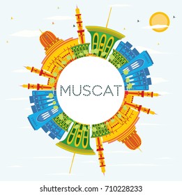 Muscat Skyline with Color Buildings, Blue Sky and Copy Space. Vector Illustration. Business Travel and Tourism Concept with Historic Architecture. Image for Presentation Banner Placard and Web Site.