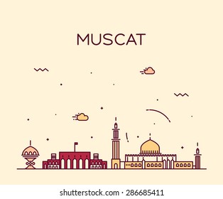 Muscat skyline, detailed silhouette. Trendy vector illustration, linear style.