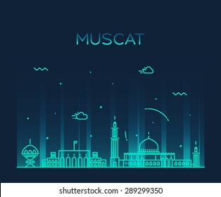 Muscat skyline, detailed silhouette. Trendy vector illustration, linear style.