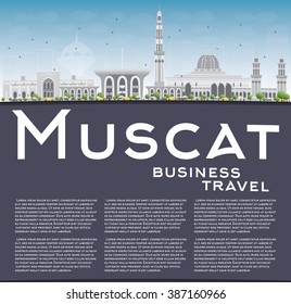 Muscat Skyline with Gray Buildings and Blue Sky. Vector illustration. Business Travel and Tourism Concept with Copy Space. Image for Presentation Banner Placard and Web Site.