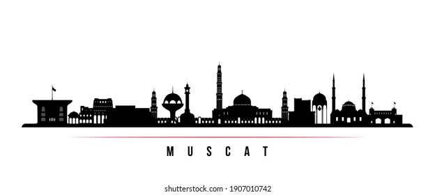 Muscat skyline horizontal banner. Black and white silhouette of Muscat, Oman. Vector template for your design. 