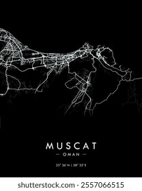 Muscat vector print map in dark theme. Detailed map of Muscat in Oman. Best free vector illustration. Tourist decorative minimalist street map.