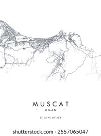 Muscat vector print map. Detailed map of Muscat in Oman. Best free vector illustration. Tourist decorative minimalist street map.