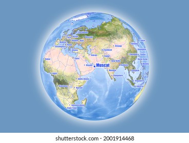 Muscat-Oman is shown on vector globe map. The map shows Muscat-Oman 's location in the world.