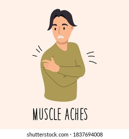 Muscle aches 2019-nCoV covid-19 symptoms. Sick young man. Vector hand drawn illustration. 