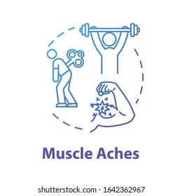 Muscle aches concept icon. Medical problem. Physical strain. Arm inflammation. Hurt from overwork. Joint pain. Influenza symptom idea thin line illustration. Vector isolated outline RGB color drawing