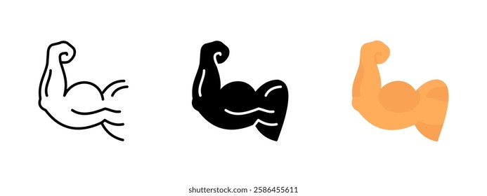 Muscle arm icon. Flexed bicep sign. Strength and power symbol. Gym and fitness workout pictogram. Bodybuilding and athletic training illustration