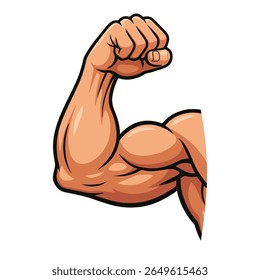 Bíceps forte do braço muscular. Mão masculina musculadora flexível com bíceps grande. Poderosa força energética, aptidão, masculinidade. Fitness, conceito de treino de ginástica. Ícone do vetor de desenhos animados.