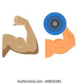 Muscle arms, strong bicep vector icon. Power bicep man, human strength bicep for fitness gym emblem illustration.