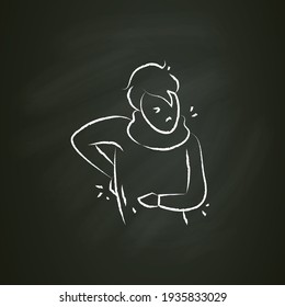 El músculo o la espalda les duele el icono de la tiza. Carácter con el estómago, gripe, problemas de dolor frío. Problema de salud.Ilustración vectorial aislada en pizarra