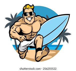 muscle body surfer running at the beach