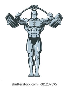 Muscle bodybuilder man lifting heavy barbell with knot. Vector illustration.