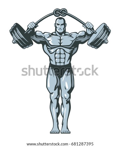 Muscle bodybuilder man lifting heavy barbell with knot. Vector illustration.
