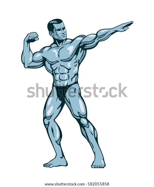 筋肉のボディビルダーの男がポーズを付けたり 筋肉を曲げたりしている ベクターイラスト のベクター画像素材 ロイヤリティフリー 582055858