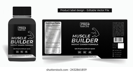 Muscle builder capsules label design, weight gainer supplement label design with jar mockup, whey protein gym product label design premium pills capsule label premium quality editable file