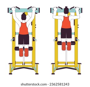 Muscle building with assisted pull up machine flat line vector spot illustration. 2D cartoon outline character on white for web UI design. Bodyweight back exercise editable isolated color hero image