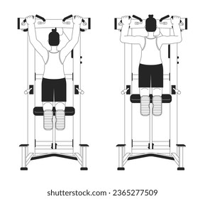 Muscle building with assisted pull up machine bw vector spot illustration. 2D cartoon flat line monochromatic character for web UI design. Bodyweight back exercise editable isolated outline hero image