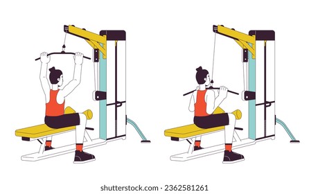 Muscle building with lat pulldown machine flat line vector spot illustration. Sportsman 2D cartoon outline character on white for web UI design. Back exercises editable isolated color hero image