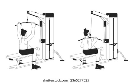 Construcción muscular con la última máquina de desplumación bw ilustración de manchas vectoriales. Caricatura 2D de Sportsman caricatura de línea plana monocromática para el diseño de interfaz de usuario web. Ejercicios posteriores editable imagen de héroe de contorno aislado