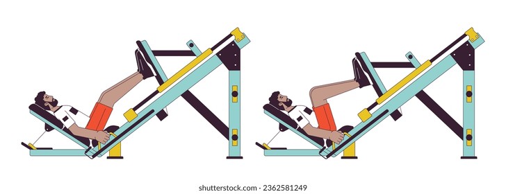 Muscle building with leg press machine flat line vector spot illustration. Athletic male 2D cartoon outline character on white for web UI design. Work out class editable isolated color hero image