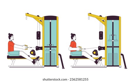 Muscle building with seated row machine flat line vector spot illustration. Gym guy 2D cartoon outline character on white for web UI design. Strengthening exercises editable isolated color hero image