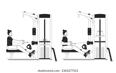 Muscle building with seated row machine bw vector spot illustration. Gym guy 2D cartoon flat line monochromatic character for web design. Strengthening exercises editable isolated outline hero image